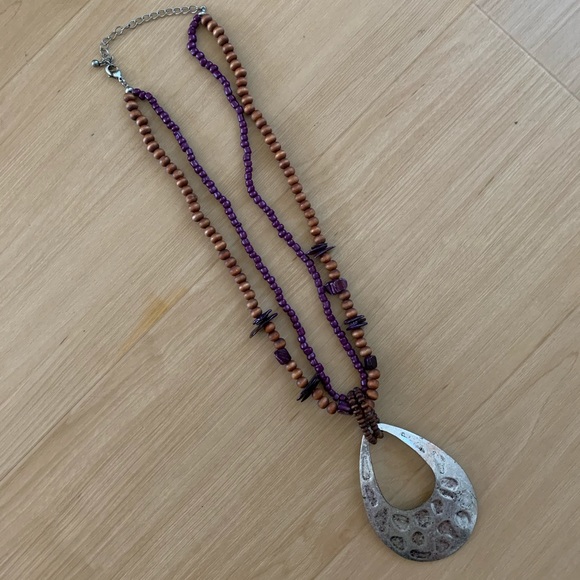 13” BEADED NECKLACE CLAW CLASP W/ EXTENSION & HANGING TEARDROP METAL ORNAMENT - Picture 2 of 5